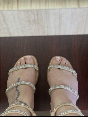 Rhinestone Strappy Sandals in Beige - Women's Dress glittering lace up sandals